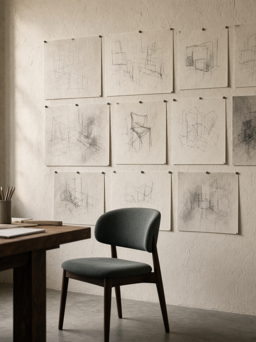 Working drawings pinned across a studio wall.