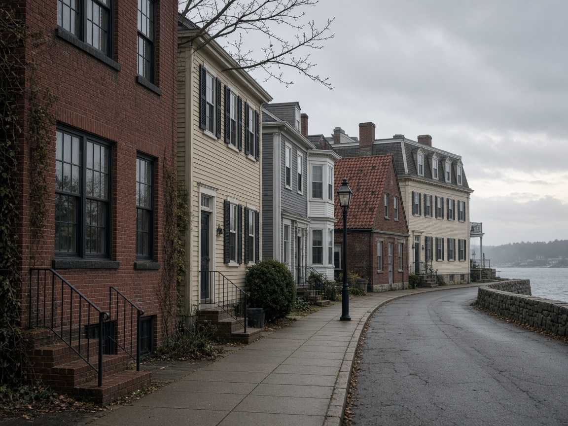 A quiet coastal street of clapboard and brick buildings under an overcast Maine sky.